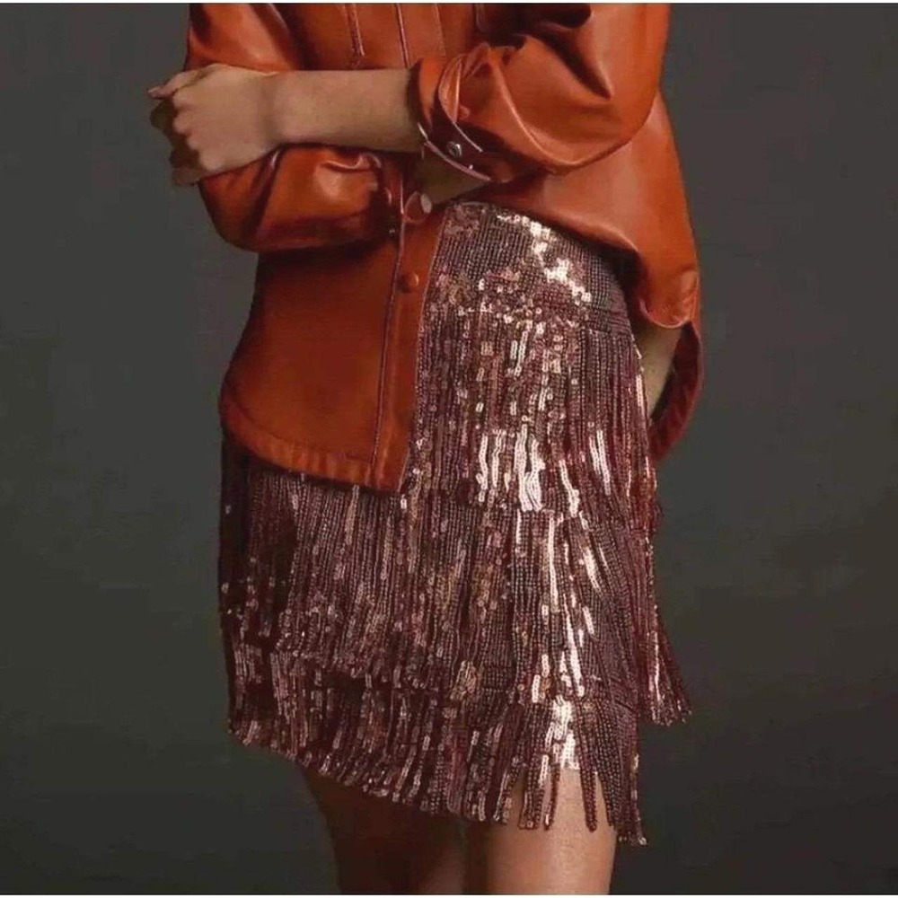 Maeve Anthropologie Sequin Fringe Mini Skirt sz 0 Western Rodeo Copper Gold